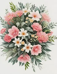 Poster Watercolor floral illustration greetin, Pink flowers and eucalyptus greenery bouquet © Sahnaj