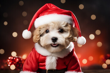 Adorable little dog wearing a festive Santa costume, spreading holiday cheer with its irresistible cuteness. Ai generated