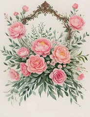 Poster Watercolor floral illustration greetin, Pink flowers and eucalyptus greenery bouquet © Sahnaj