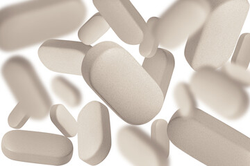 Natural capsules and pills flying in the air across the entire screen. on isolated transparent...