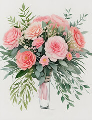 Watercolor floral illustration greetin, Pink flowers and eucalyptus greenery bouquet
