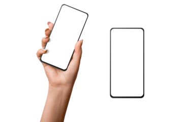 A woman's hand holds a phone with a blank screen. on isolated transparent background