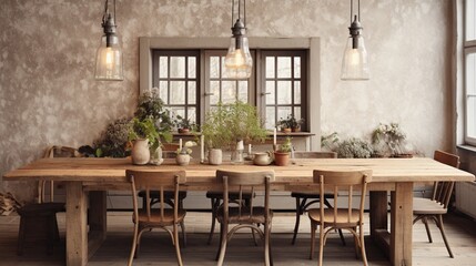 A rustic farmhouse dining area with a reclaimed wood table, mismatched chairs, and hanging pendant lights for a cozy mealtime