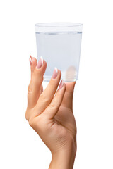 A hand holds a glass of water. on isolated transparent background