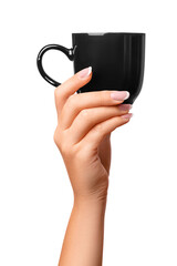 A woman's hand holds a black cup. on isolated transparent background