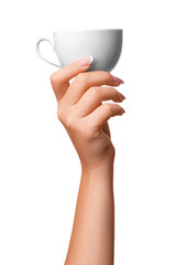 A woman's hand holds a white cup. on isolated transparent background