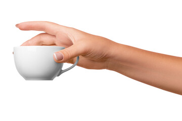 A woman's hand holds a white cup. on isolated transparent background