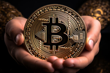 Hands delicately cradling a shimmering golden bitcoin, symbolizing the precious and transformative nature of cryptocurrency in the digital age. Ai generated