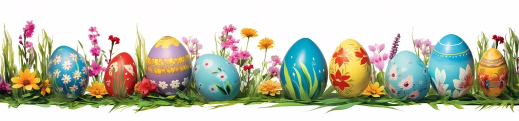 Fotobehang easter eggs border with transparent background, easter grass png, panoramic scale, colorful costumes © IgnacioJulian