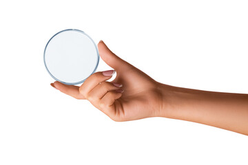 A woman's hand holds an empty Petri dish. on isolated transparent background