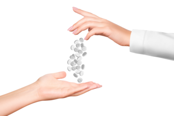 A woman's hand in a white medical coat pours white pills. on isolated transparent background