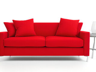Red  sofa or couch and a side table on white background banner, brigt color and energetic interior