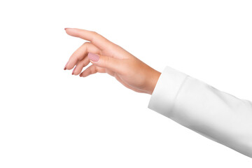 A woman's hand in a white medical coat. on isolated transparent background