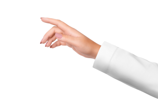 A woman's hand in a white medical coat. on isolated transparent background