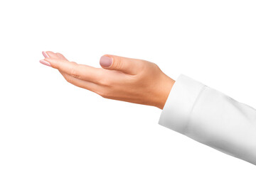 A woman's hand in a white medical coat. on isolated transparent background