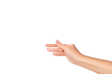a woman's hand holds a white sheet. on isolated transparent background