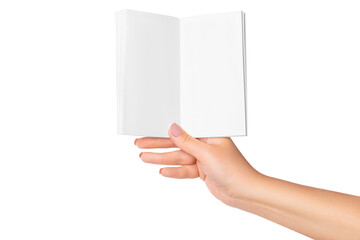A woman's hand holds a notepad. on isolated transparent background