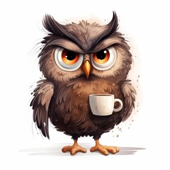 Illustration of an annoyed owl with coffee mug, white background