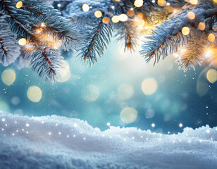 Beautiful winter background image of frosted spruce branches on the side and small drifts of pure snow with bokeh Christmas lights and space for text in the middle. - 677143545