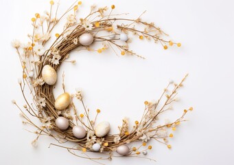 wreath with eggs and branches on white background organic minimalism organic forms and patterns
