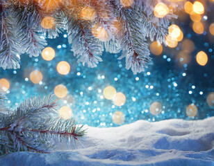 Beautiful winter background image of frosted spruce branches on the side and small drifts of pure snow with bokeh Christmas lights and space for text in the middle. - 677143567