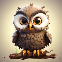 An illustration of a brown cute owl with yellow eyes sitting on a branch, bright background