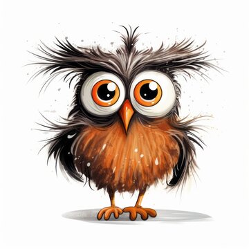 A drawing of a funny owl with ruffled brown feathers and big eyes, white background