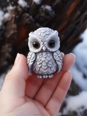 a figure of a snowy owl between the fingers of a Perosn in a winter corpse snowy environment