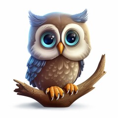An illustration of a brown cute owl with blue eyes sitting on a branch, white background