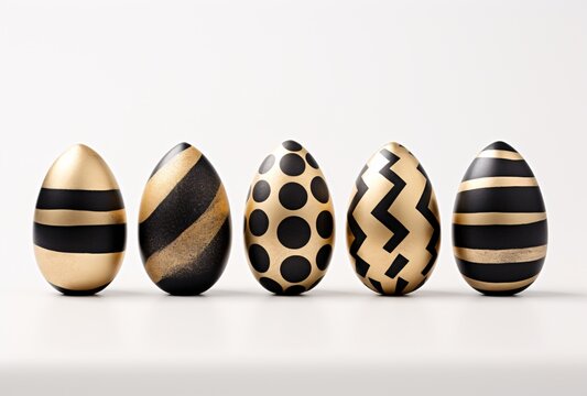five golden and black decorated easter eggs arranged in a row minimalist collages minimalist brushstrokes playful lines
