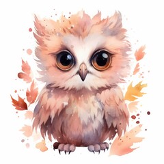 Watercolour drawing of an owl with almost pink plumage with herbal leaves, cute look