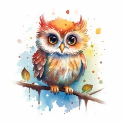 Watercolour drawing of an owl in autumnal colours sitting on a branch