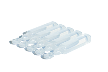 Plastic pharmaceutical ampoules with physiological fluid. Sodium chloride. Or drops. Medicine. on isolated transparent background