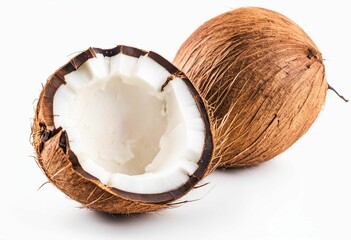 two coconuts with one cut in half on a white background