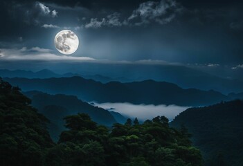 the full moon is above the mountains and fogs, and a few trees sit