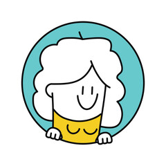 Stick figures, girl peeking out of a round frame