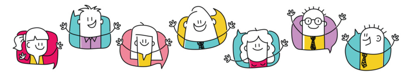 Stick figures in speech bubbles.
