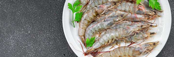raw shrimp prawn seafood fresh eating cooking appetizer meal food snack on the table copy space food background rustic top view