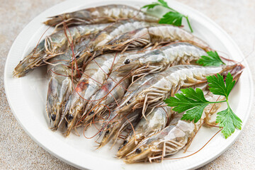 raw shrimp prawn seafood fresh eating cooking appetizer meal food snack on the table copy space food background rustic top view