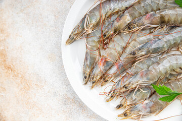 raw shrimp prawn seafood fresh eating cooking appetizer meal food snack on the table copy space food background rustic top view