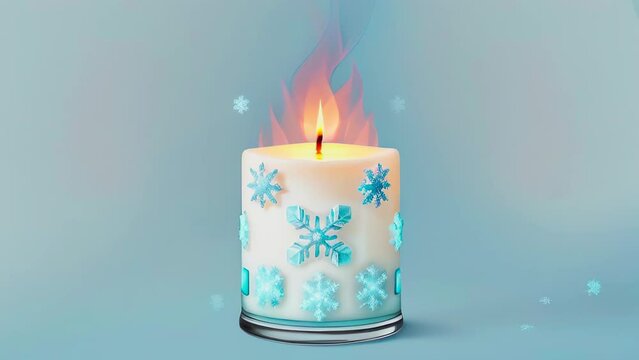 Burning candle on a blue background with snowflakes. Lofi animation with copy space.