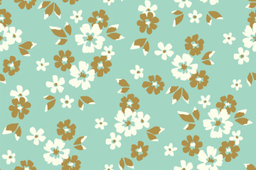 Obraz premium Seamless floral pattern, liberty ditsy print with a delicate retro motif. Simple cute botanical design with tiny hand drawn plants: small flowers, leaves abstract on turquoise. Vector illustration.