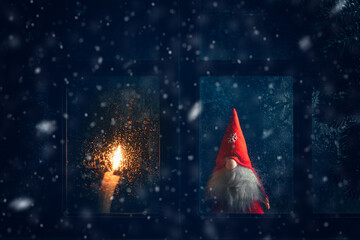 Christmas, winter composition. Christmas Gnome and Candles