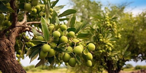 Harvest abundance. Fresh and juicy green fruits in nature. Organic delight. Ripe and healthy fruit on sunny day. Nature bounty. Closeup of and olive leaves