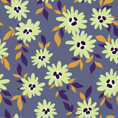 Seamless floral pattern, liberty ditsy print with retro motif. Simple botanical design in autumn, winter colors: small hand drawn flowers, abstract leaves on a blue background. Vector illustration.