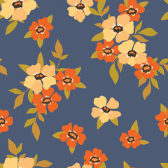 Seamless floral pattern, vintage ditsy print with autumn, winter motif. Beautiful botanical design of simple plants: hand drawn small flowers, leaves, bouquets on blue background. Vector illustration.