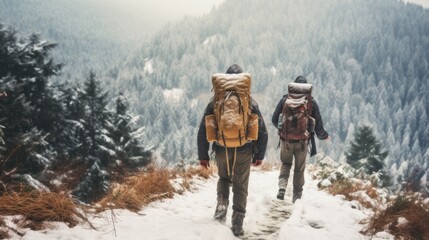 Winter Wanderlust. Backpackers Embracing Adventure in Snowy Mountains