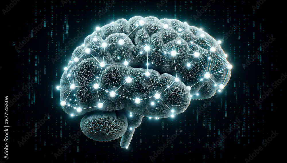 Poster Human brain on digital background. Artificial intelligence concept. Generative AI
