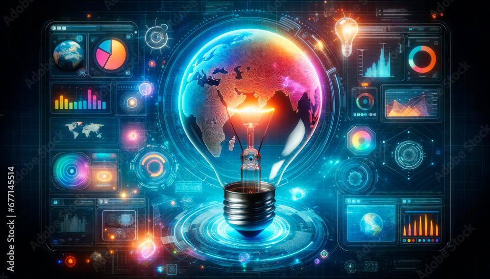 Poster Glowing light bulb with world map and business icons on dark background. Generative AI