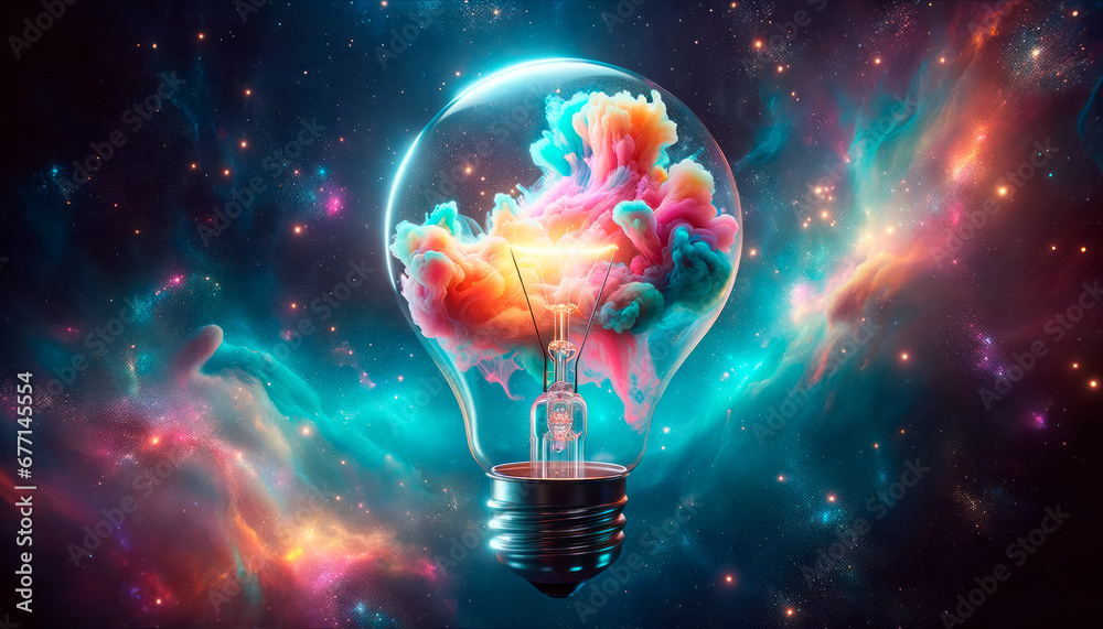 Poster Lightbulb with colorful smoke inside against space background. Inspiration and imagination concept. Generative AI